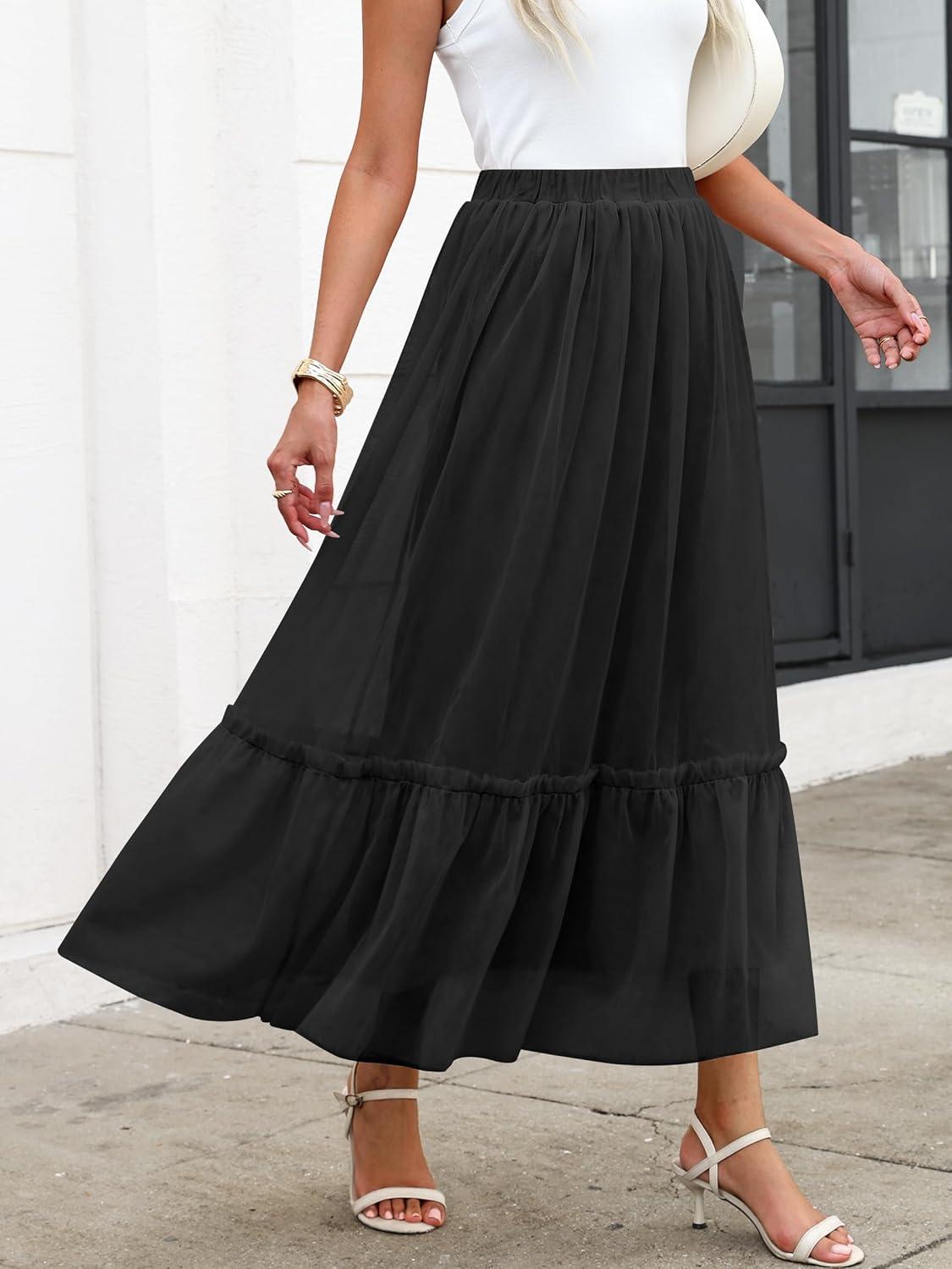 imageANRABESS Maxi Skirts for Women Tulle Long Tiered Elastic High Waisted A Line Flowy Dressy Casual Skirt 2025 Fall TrendyBlack