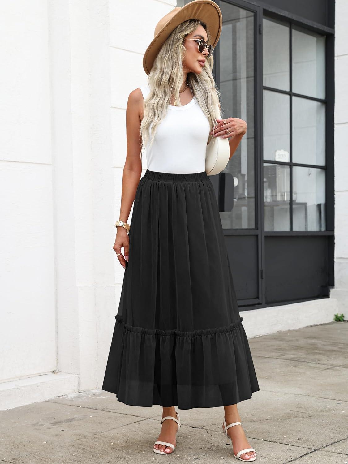 imageANRABESS Maxi Skirts for Women Tulle Long Tiered Elastic High Waisted A Line Flowy Dressy Casual Skirt 2025 Fall TrendyBlack