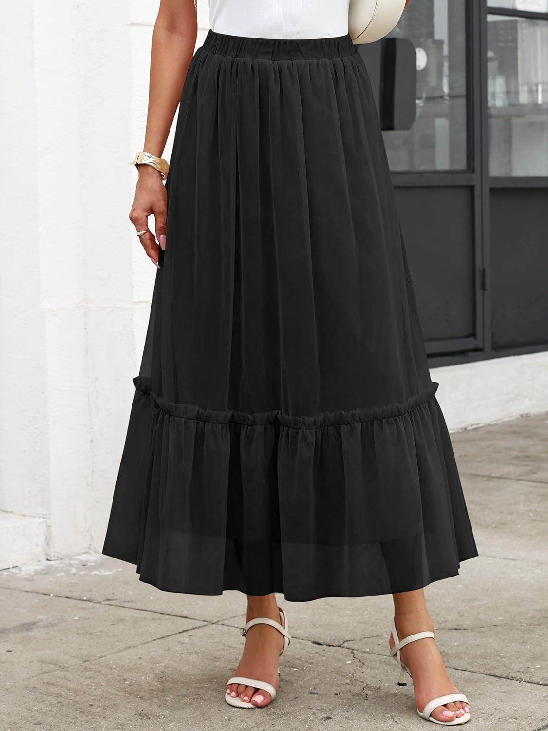 imageANRABESS Maxi Skirts for Women Tulle Long Tiered Elastic High Waisted A Line Flowy Dressy Casual Skirt 2025 Fall TrendyBlack