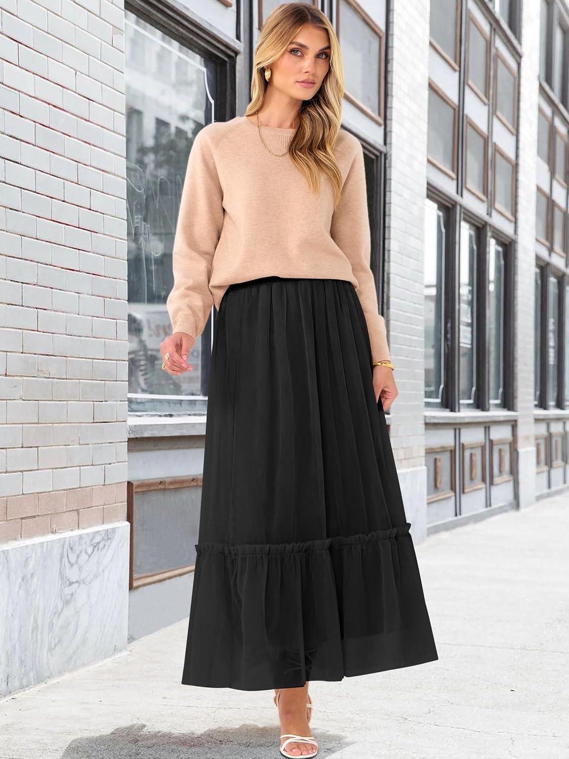 imageANRABESS Maxi Skirts for Women Tulle Long Tiered Elastic High Waisted A Line Flowy Dressy Casual Skirt 2025 Fall TrendyBlack