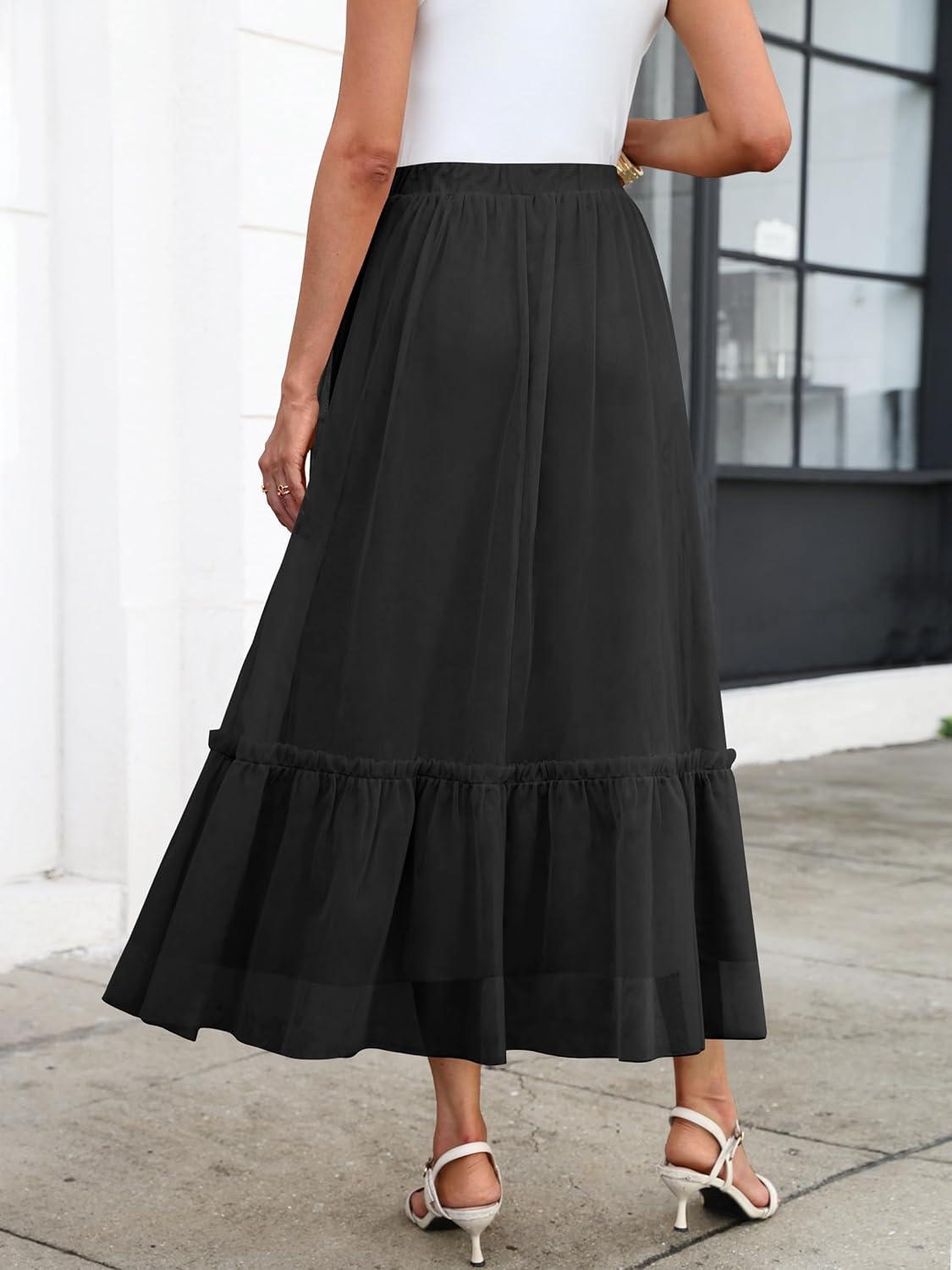 imageANRABESS Maxi Skirts for Women Tulle Long Tiered Elastic High Waisted A Line Flowy Dressy Casual Skirt 2025 Fall TrendyBlack