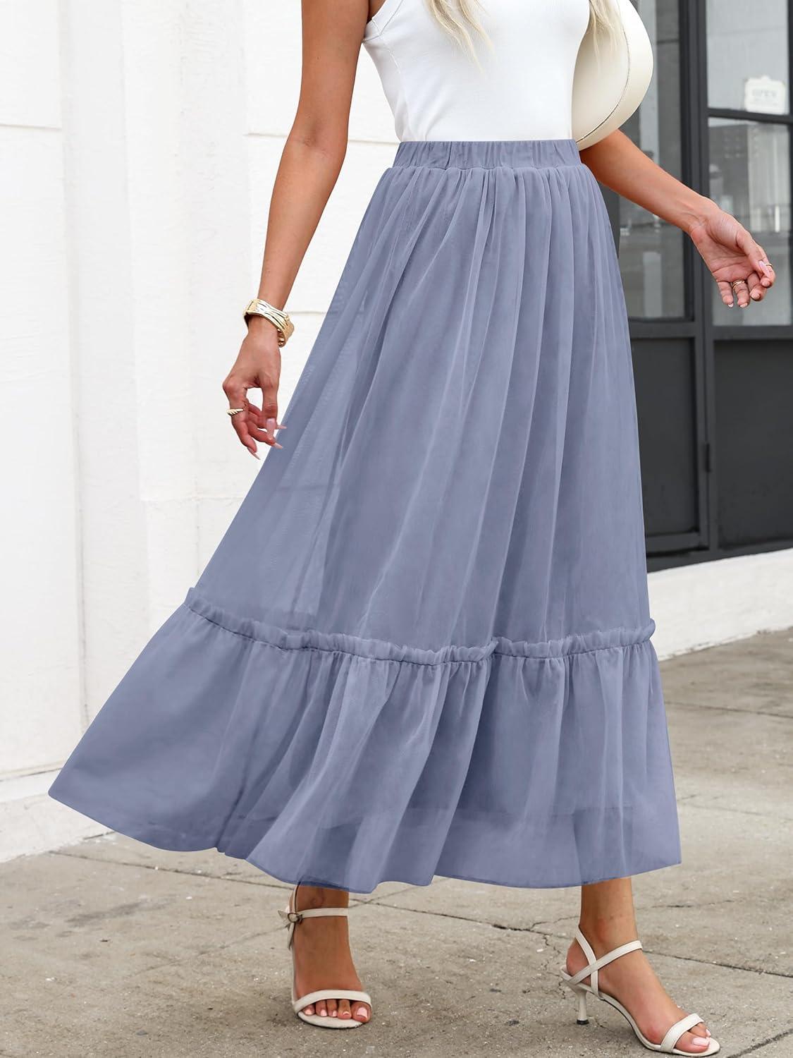 imageANRABESS Maxi Skirts for Women Tulle Long Tiered Elastic High Waisted A Line Flowy Dressy Casual Skirt 2025 Fall TrendyGrey Blue