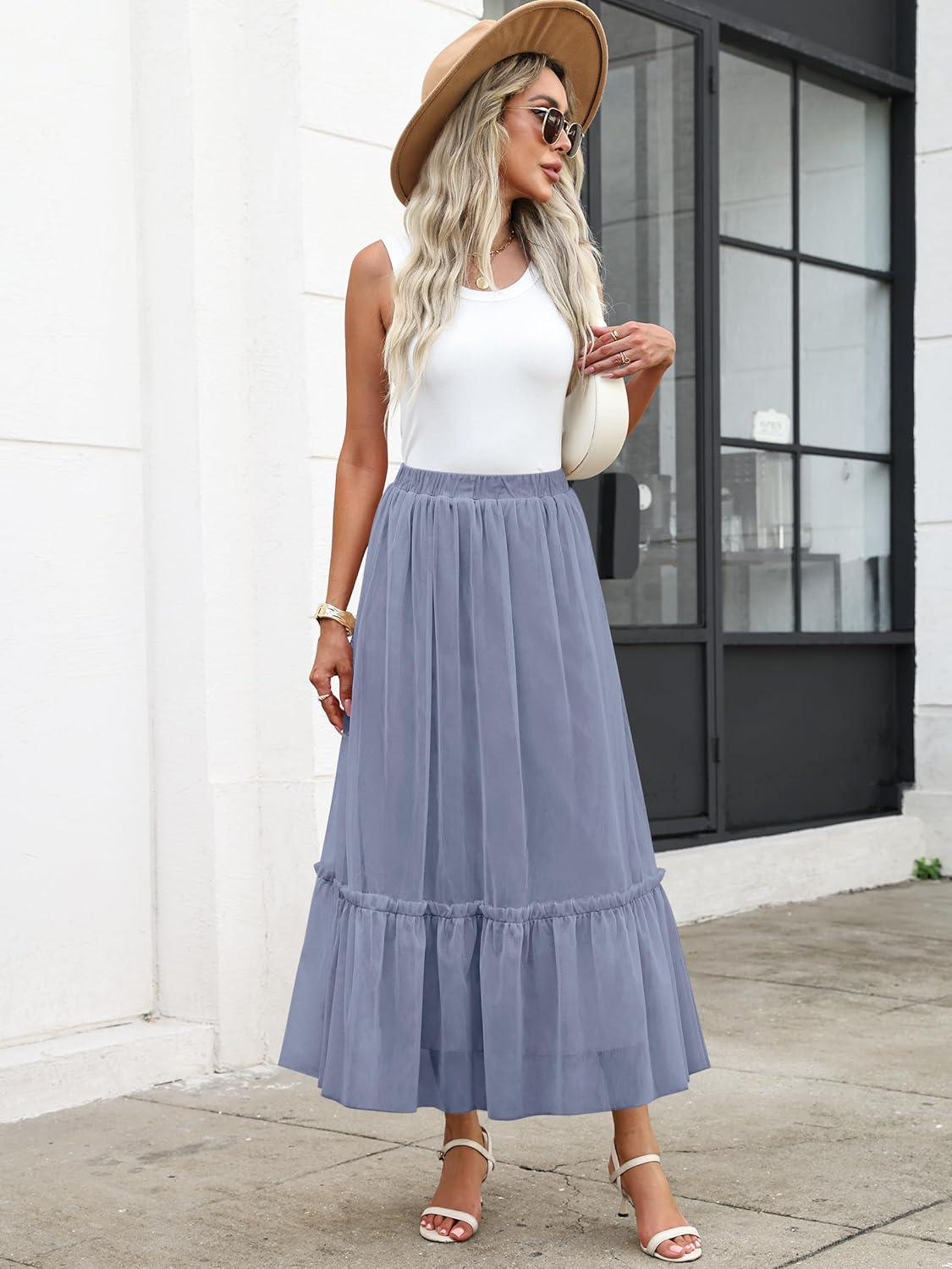 imageANRABESS Maxi Skirts for Women Tulle Long Tiered Elastic High Waisted A Line Flowy Dressy Casual Skirt 2025 Fall TrendyGrey Blue
