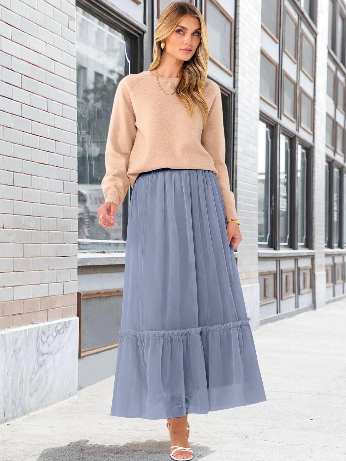 imageANRABESS Maxi Skirts for Women Tulle Long Tiered Elastic High Waisted A Line Flowy Dressy Casual Skirt 2025 Fall TrendyGrey Blue