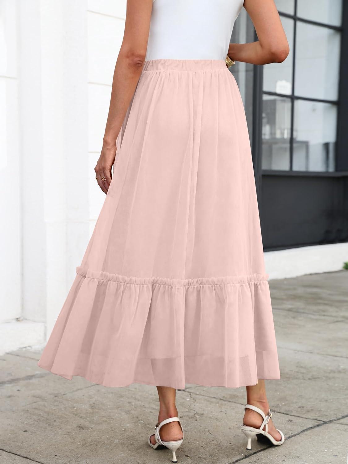 imageANRABESS Maxi Skirts for Women Tulle Long Tiered Elastic High Waisted A Line Flowy Dressy Casual Skirt 2025 Fall TrendyLight Pink