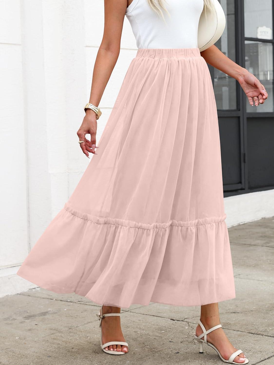 imageANRABESS Maxi Skirts for Women Tulle Long Tiered Elastic High Waisted A Line Flowy Dressy Casual Skirt 2025 Fall TrendyLight Pink
