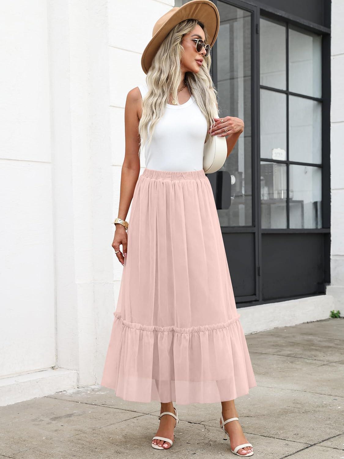 imageANRABESS Maxi Skirts for Women Tulle Long Tiered Elastic High Waisted A Line Flowy Dressy Casual Skirt 2025 Fall TrendyLight Pink
