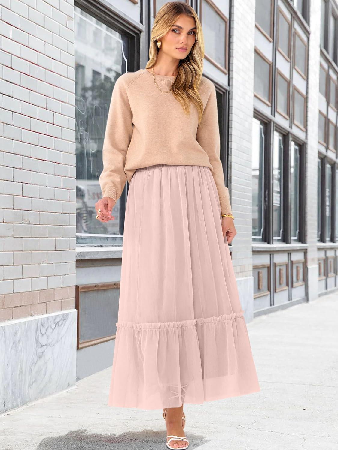 imageANRABESS Maxi Skirts for Women Tulle Long Tiered Elastic High Waisted A Line Flowy Dressy Casual Skirt 2025 Fall TrendyLight Pink
