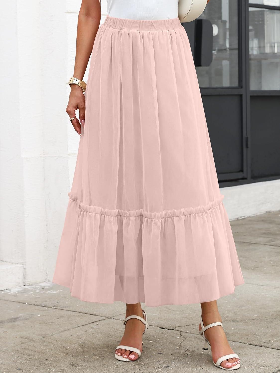 imageANRABESS Maxi Skirts for Women Tulle Long Tiered Elastic High Waisted A Line Flowy Dressy Casual Skirt 2025 Fall TrendyLight Pink