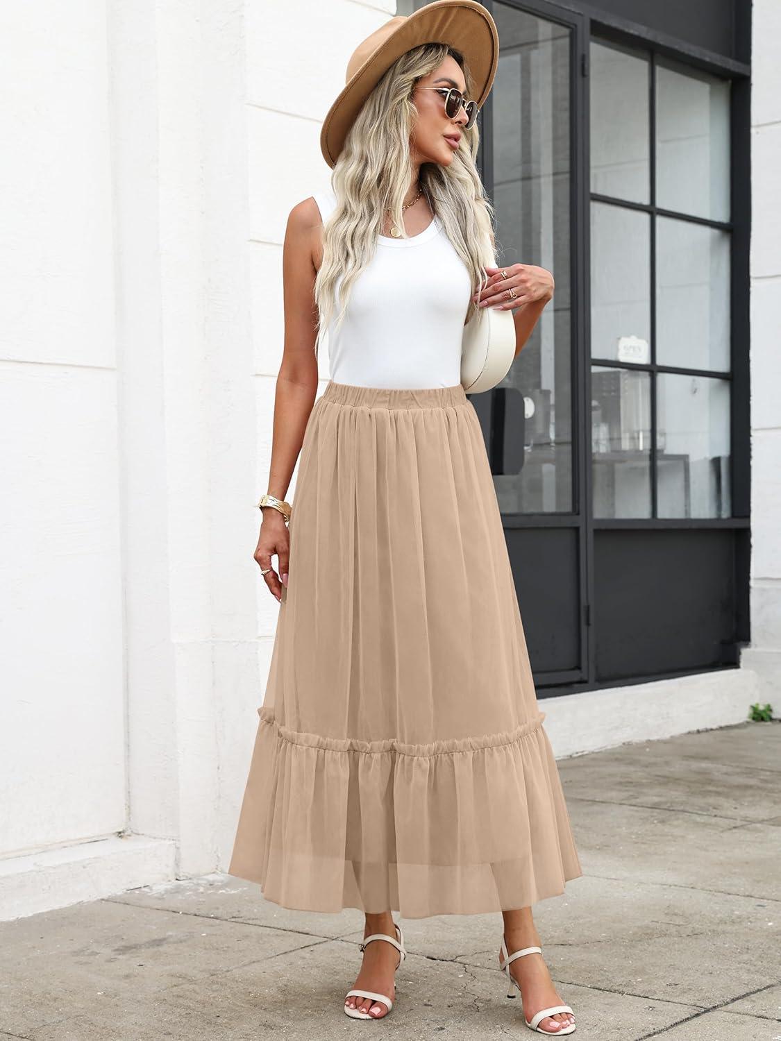 imageANRABESS Maxi Skirts for Women Tulle Long Tiered Elastic High Waisted A Line Flowy Dressy Casual Skirt 2025 Fall TrendyLight Tan