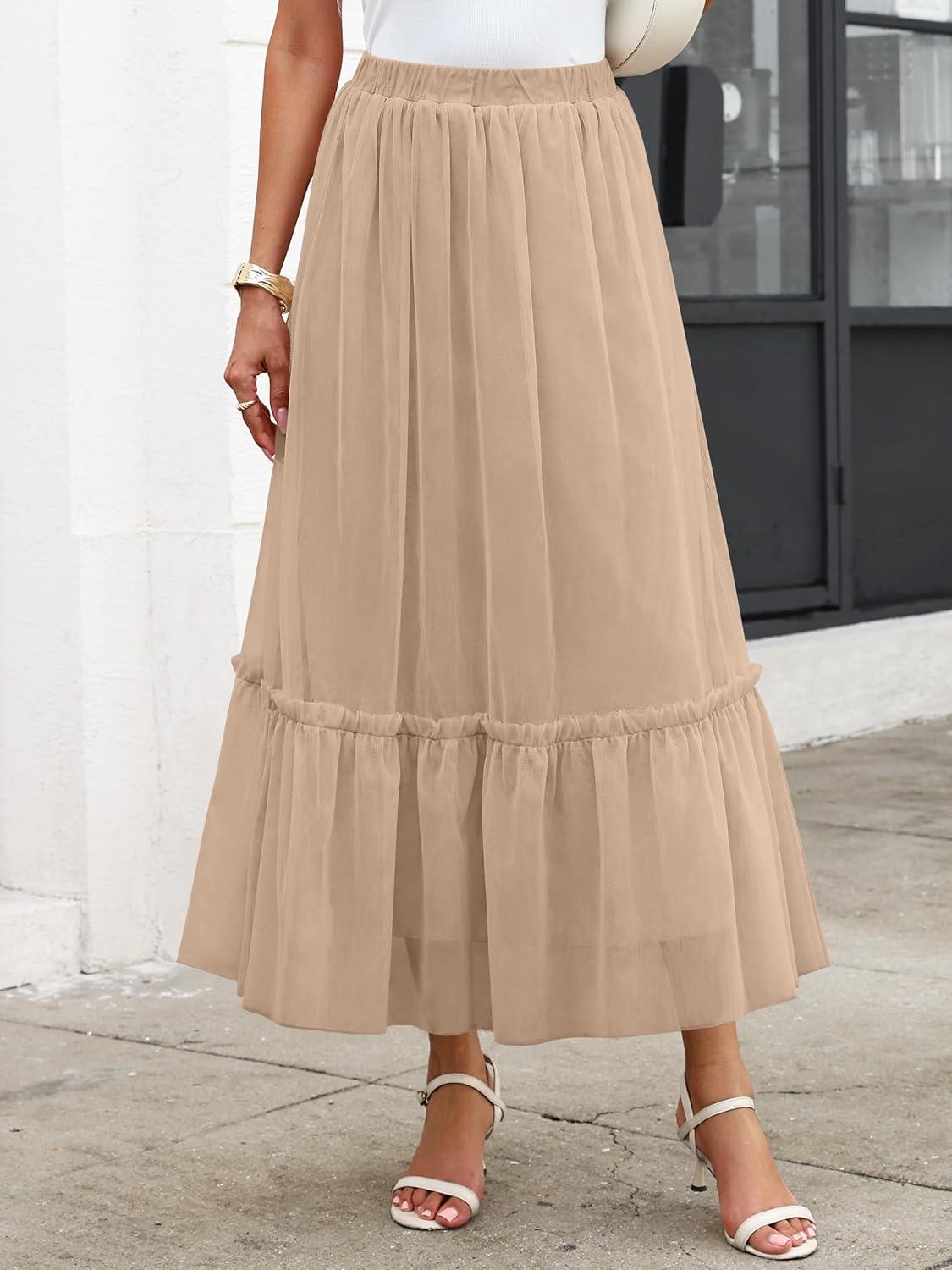 imageANRABESS Maxi Skirts for Women Tulle Long Tiered Elastic High Waisted A Line Flowy Dressy Casual Skirt 2025 Fall TrendyLight Tan