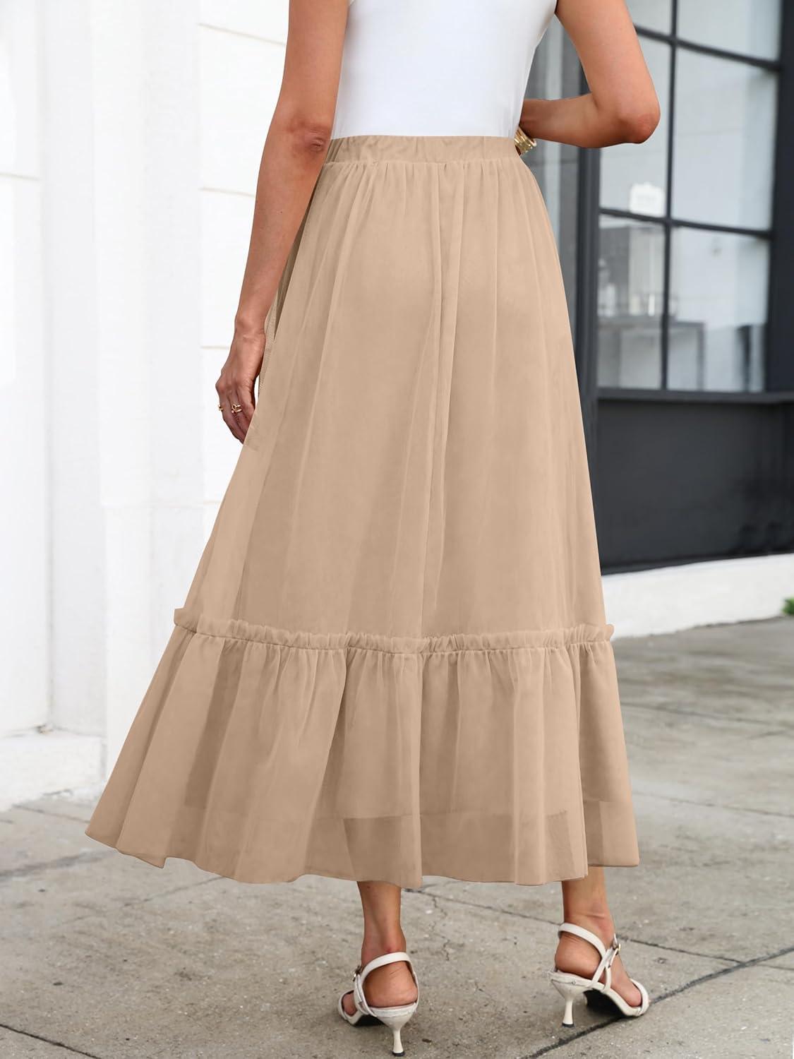 imageANRABESS Maxi Skirts for Women Tulle Long Tiered Elastic High Waisted A Line Flowy Dressy Casual Skirt 2025 Fall TrendyLight Tan