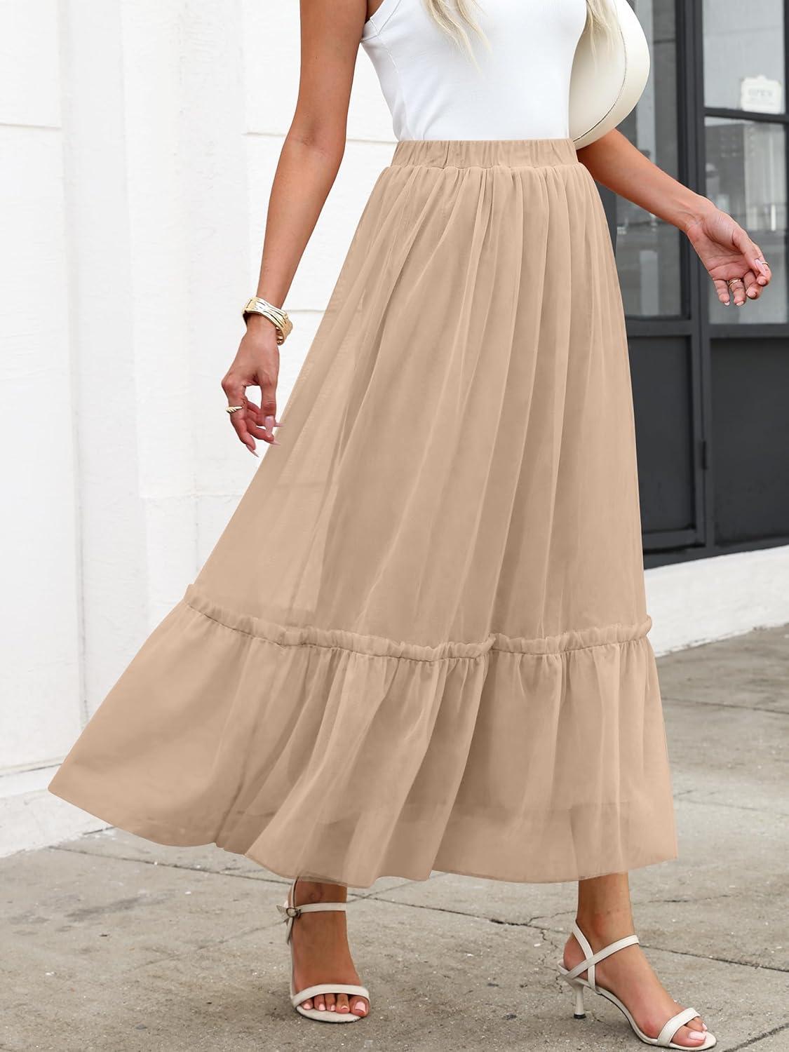 imageANRABESS Maxi Skirts for Women Tulle Long Tiered Elastic High Waisted A Line Flowy Dressy Casual Skirt 2025 Fall TrendyLight Tan
