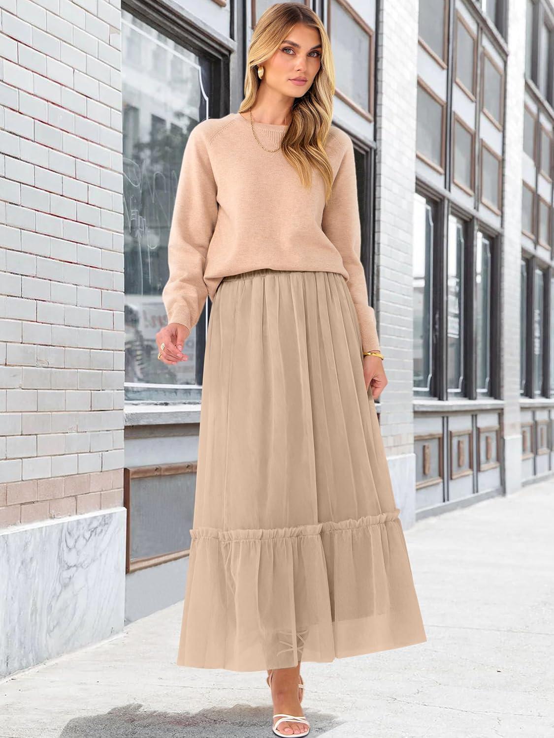 imageANRABESS Maxi Skirts for Women Tulle Long Tiered Elastic High Waisted A Line Flowy Dressy Casual Skirt 2025 Fall TrendyLight Tan