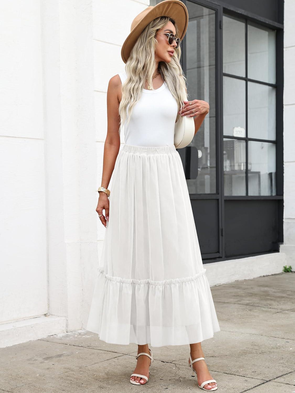 imageANRABESS Maxi Skirts for Women Tulle Long Tiered Elastic High Waisted A Line Flowy Dressy Casual Skirt 2025 Fall TrendyWhite