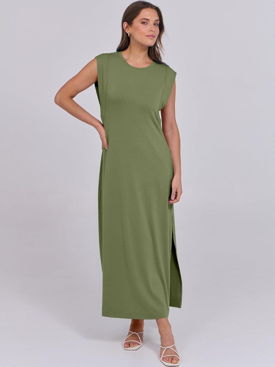 imageANRABESS Summer Dress for Women 2025 Maxi Sundresses Casual Cap Sleeve Crew Neck Loose Split Beach Travel Vacation OutfitsArmy Green