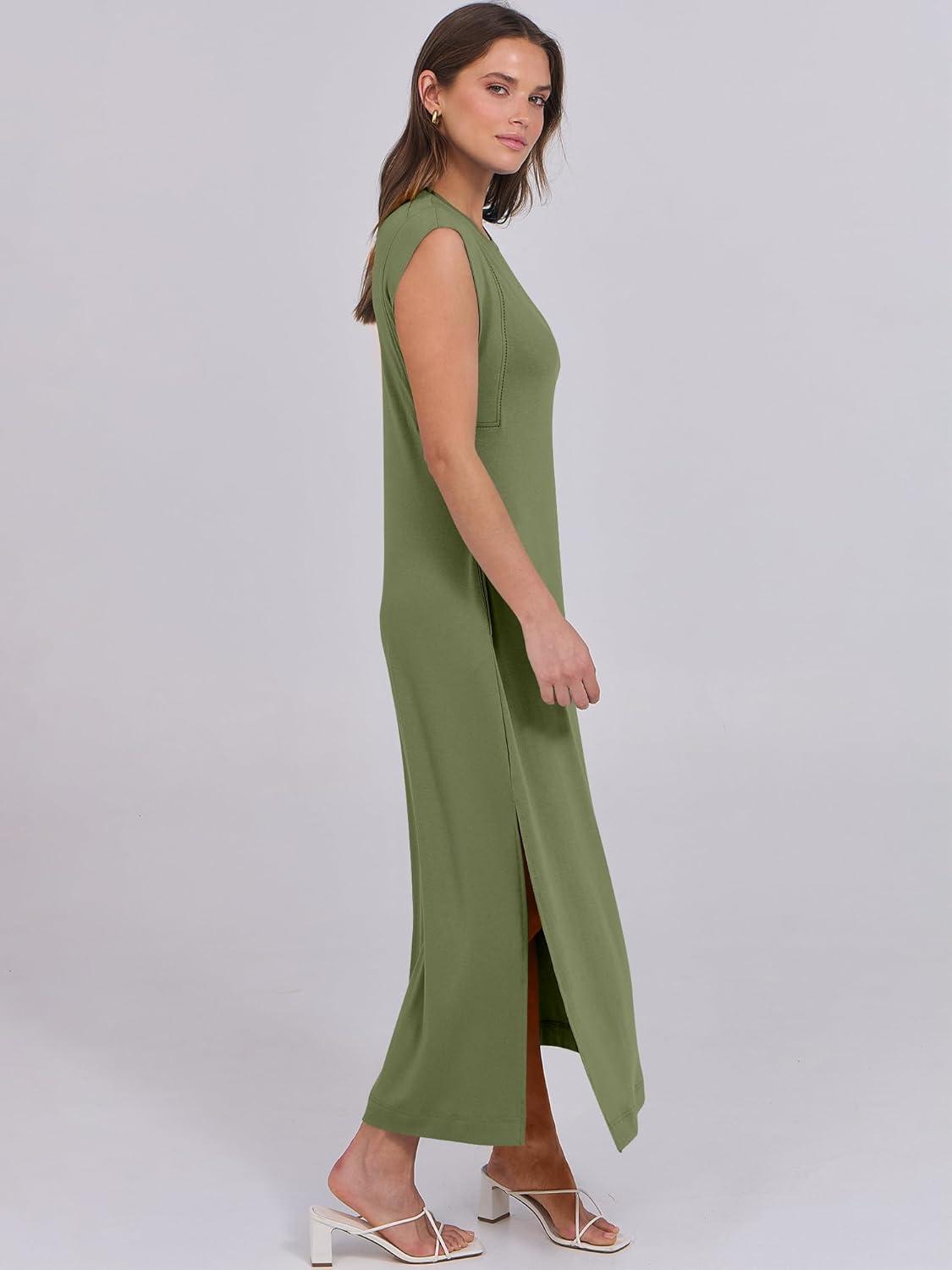 imageANRABESS Summer Dress for Women 2025 Maxi Sundresses Casual Cap Sleeve Crew Neck Loose Split Beach Travel Vacation OutfitsArmy Green