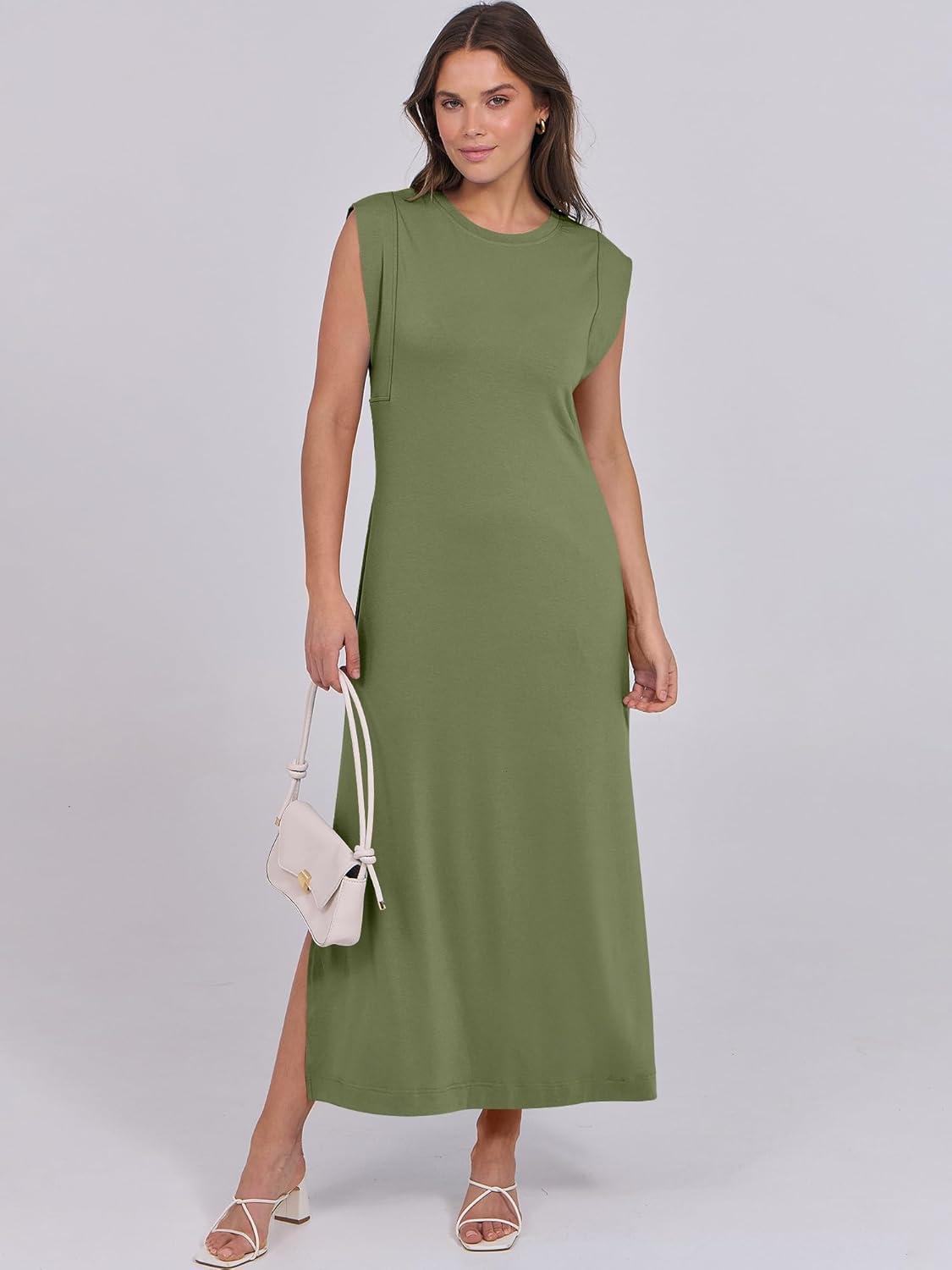 imageANRABESS Summer Dress for Women 2025 Maxi Sundresses Casual Cap Sleeve Crew Neck Loose Split Beach Travel Vacation OutfitsArmy Green