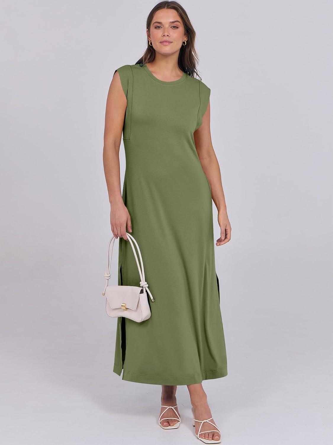 imageANRABESS Summer Dress for Women 2025 Maxi Sundresses Casual Cap Sleeve Crew Neck Loose Split Beach Travel Vacation OutfitsArmy Green