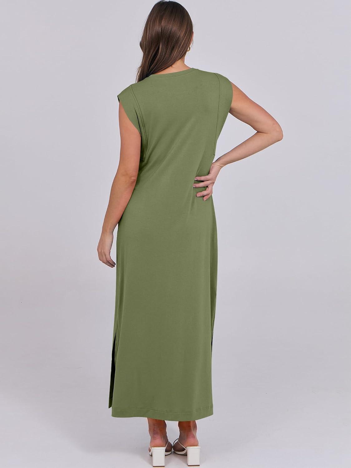 imageANRABESS Summer Dress for Women 2025 Maxi Sundresses Casual Cap Sleeve Crew Neck Loose Split Beach Travel Vacation OutfitsArmy Green