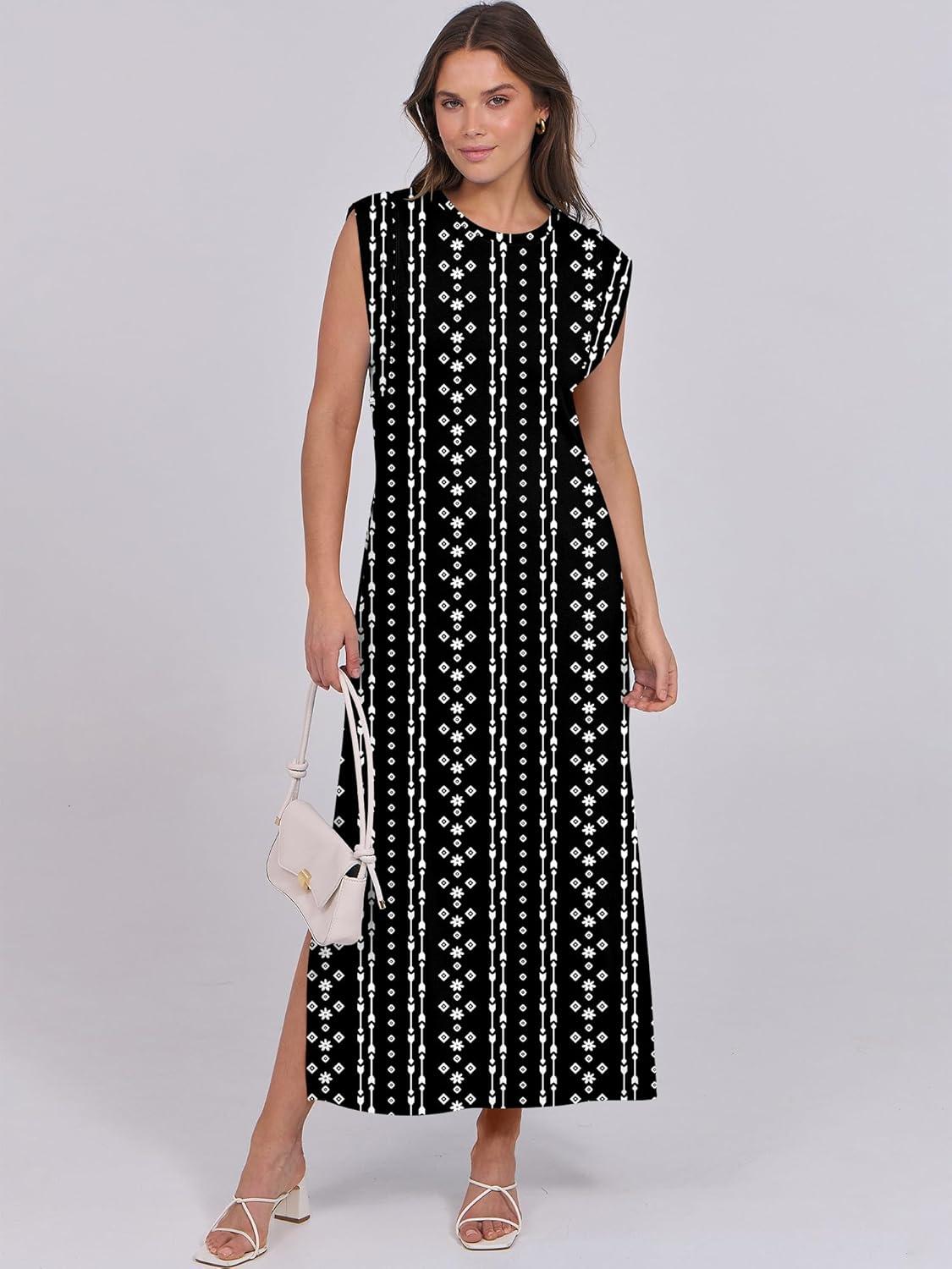 imageANRABESS Summer Dress for Women 2025 Maxi Sundresses Casual Cap Sleeve Crew Neck Loose Split Beach Travel Vacation OutfitsBoho Black