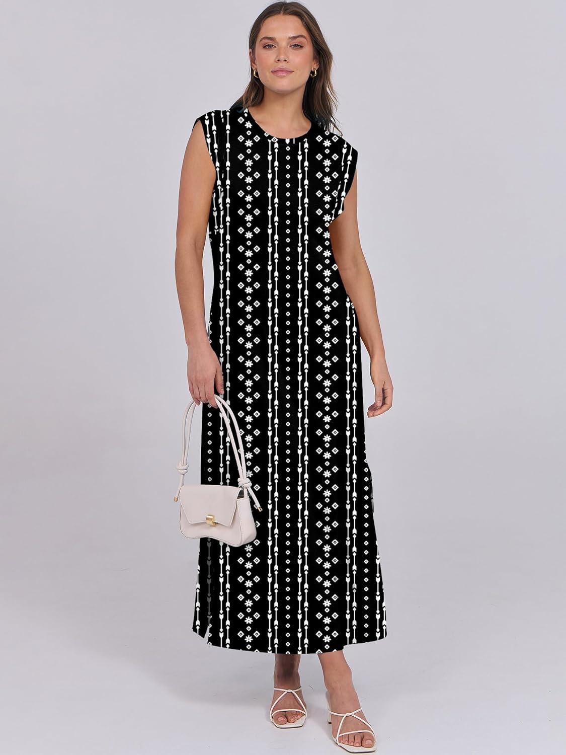 imageANRABESS Summer Dress for Women 2025 Maxi Sundresses Casual Cap Sleeve Crew Neck Loose Split Beach Travel Vacation OutfitsBoho Black