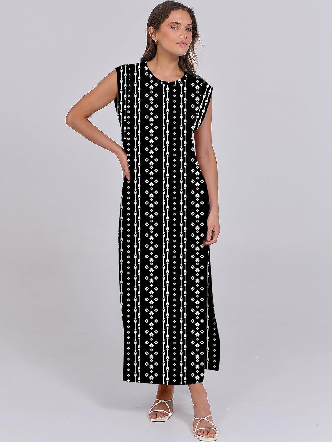 imageANRABESS Summer Dress for Women 2025 Maxi Sundresses Casual Cap Sleeve Crew Neck Loose Split Beach Travel Vacation OutfitsBoho Black