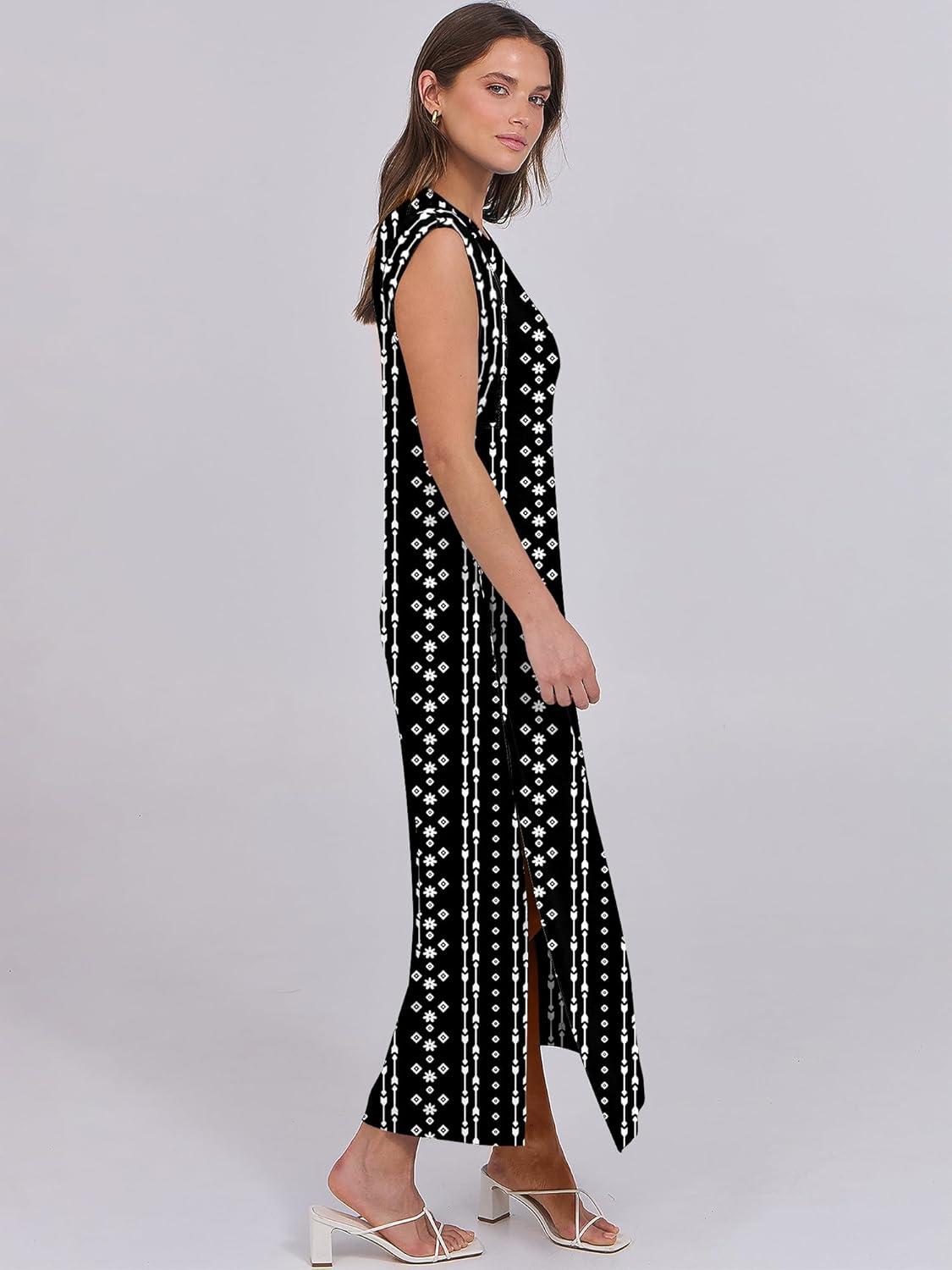 imageANRABESS Summer Dress for Women 2025 Maxi Sundresses Casual Cap Sleeve Crew Neck Loose Split Beach Travel Vacation OutfitsBoho Black