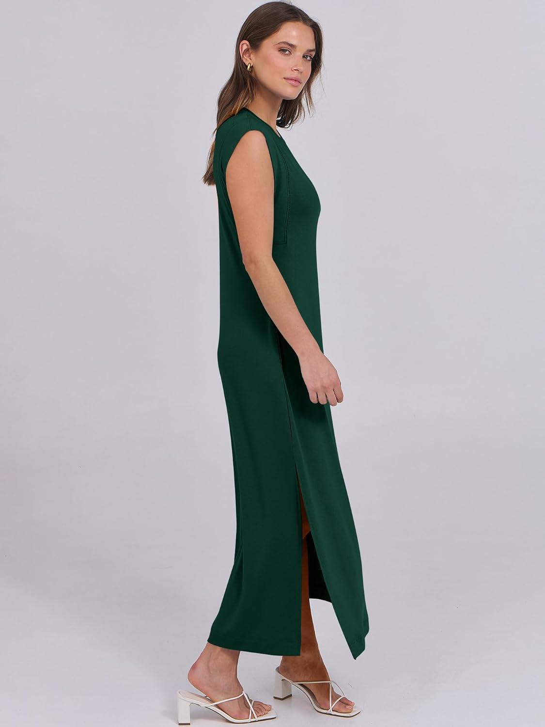 imageANRABESS Summer Dress for Women 2025 Maxi Sundresses Casual Cap Sleeve Crew Neck Loose Split Beach Travel Vacation OutfitsDeep Green