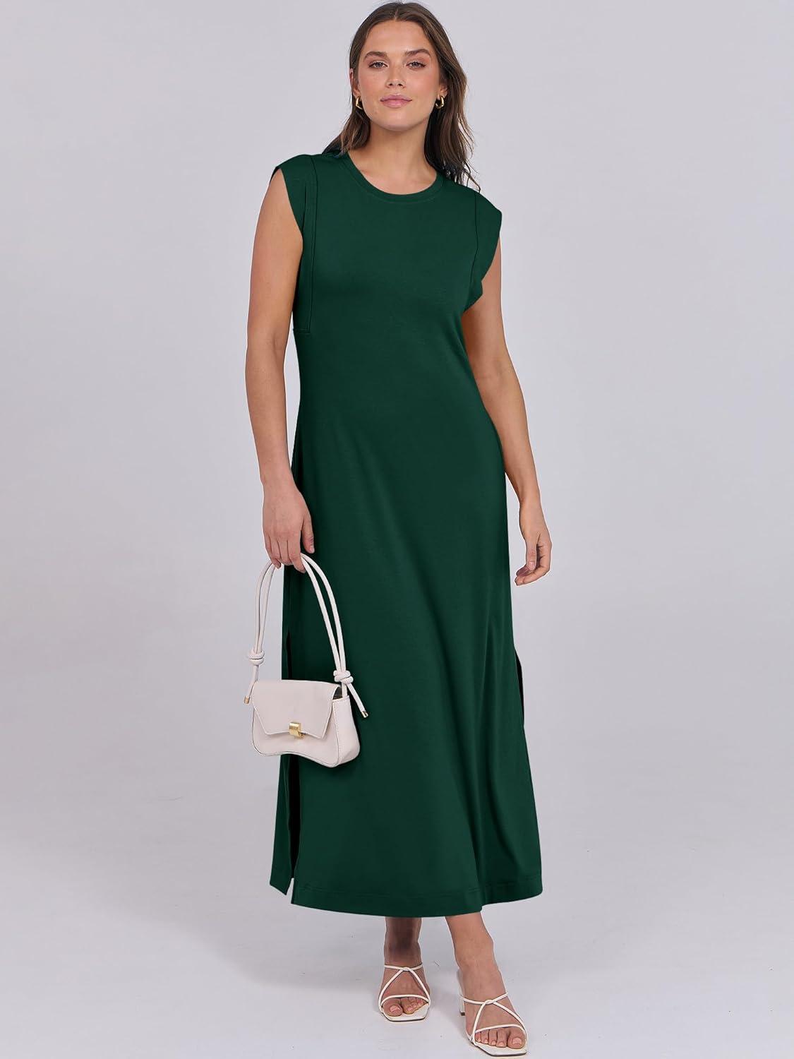 imageANRABESS Summer Dress for Women 2025 Maxi Sundresses Casual Cap Sleeve Crew Neck Loose Split Beach Travel Vacation OutfitsDeep Green