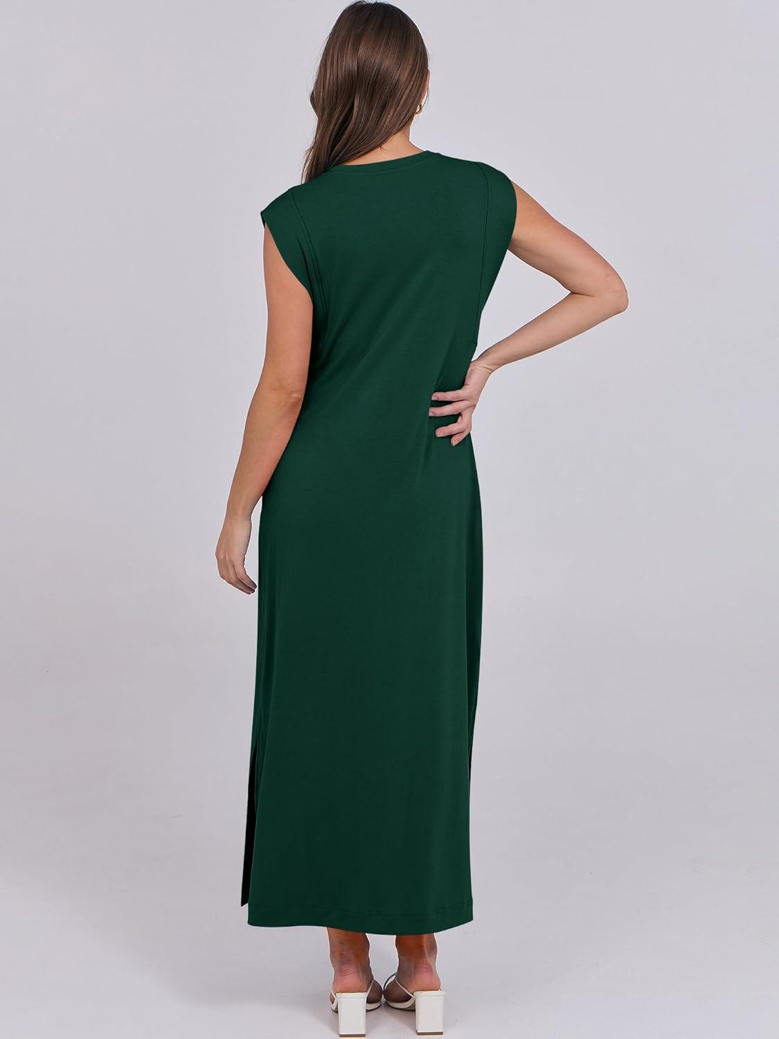 imageANRABESS Summer Dress for Women 2025 Maxi Sundresses Casual Cap Sleeve Crew Neck Loose Split Beach Travel Vacation OutfitsDeep Green