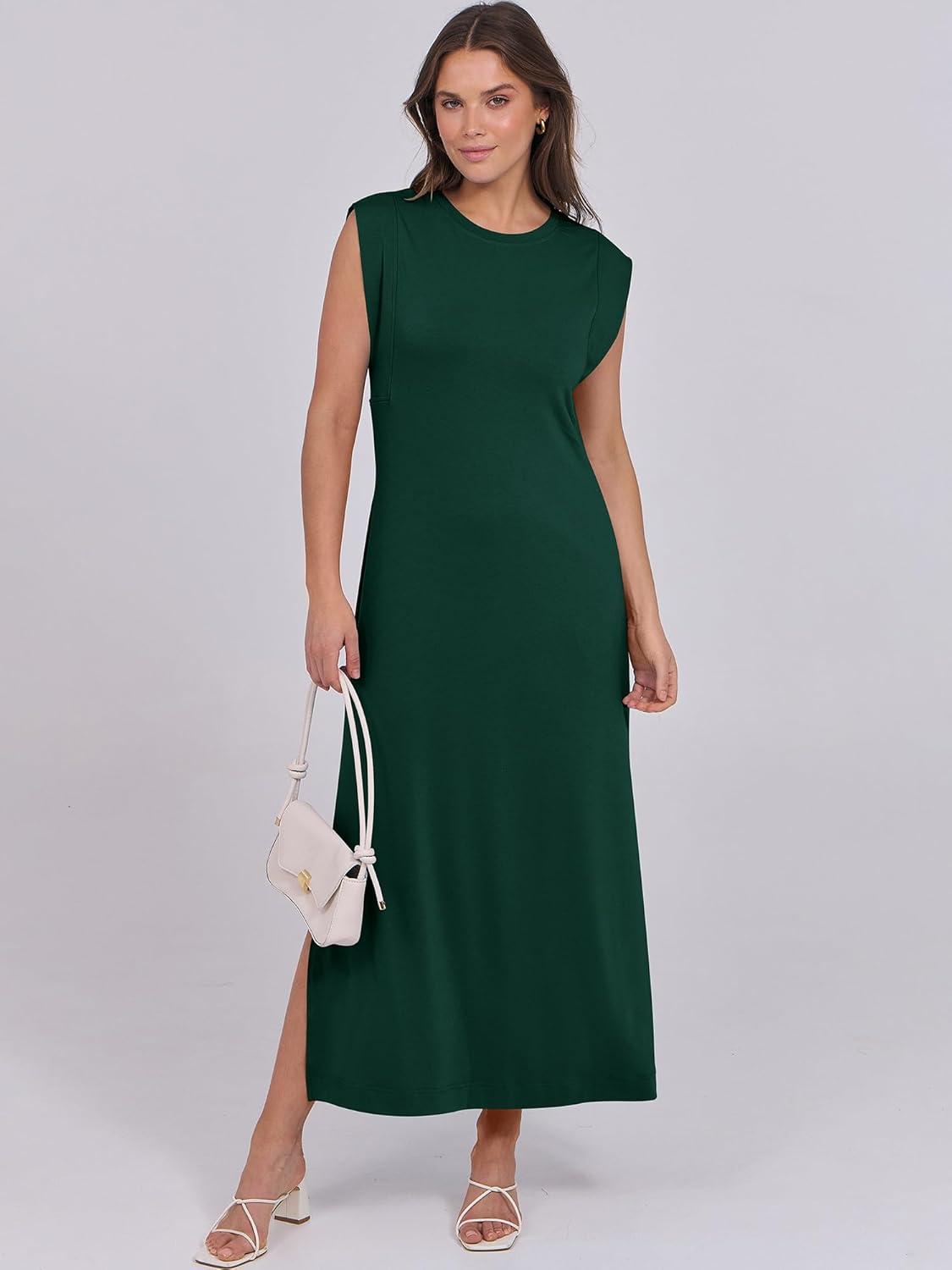 imageANRABESS Summer Dress for Women 2025 Maxi Sundresses Casual Cap Sleeve Crew Neck Loose Split Beach Travel Vacation OutfitsDeep Green