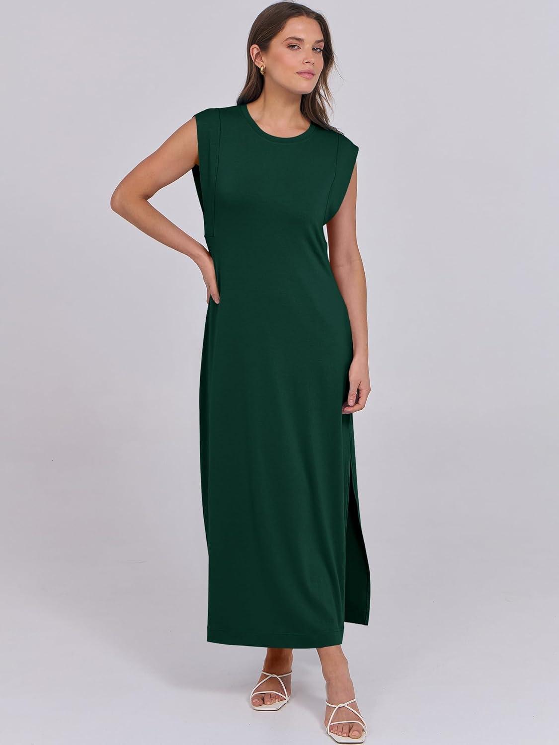 imageANRABESS Summer Dress for Women 2025 Maxi Sundresses Casual Cap Sleeve Crew Neck Loose Split Beach Travel Vacation OutfitsDeep Green