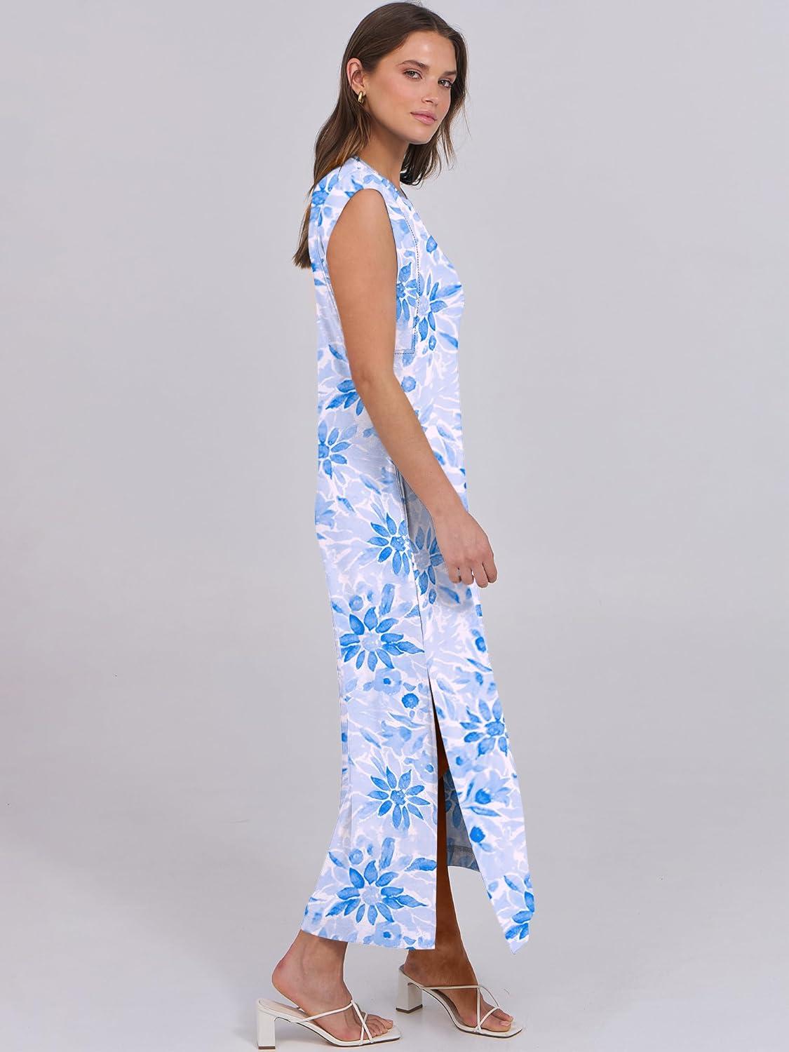 imageANRABESS Summer Dress for Women 2025 Maxi Sundresses Casual Cap Sleeve Crew Neck Loose Split Beach Travel Vacation OutfitsFloral Blue