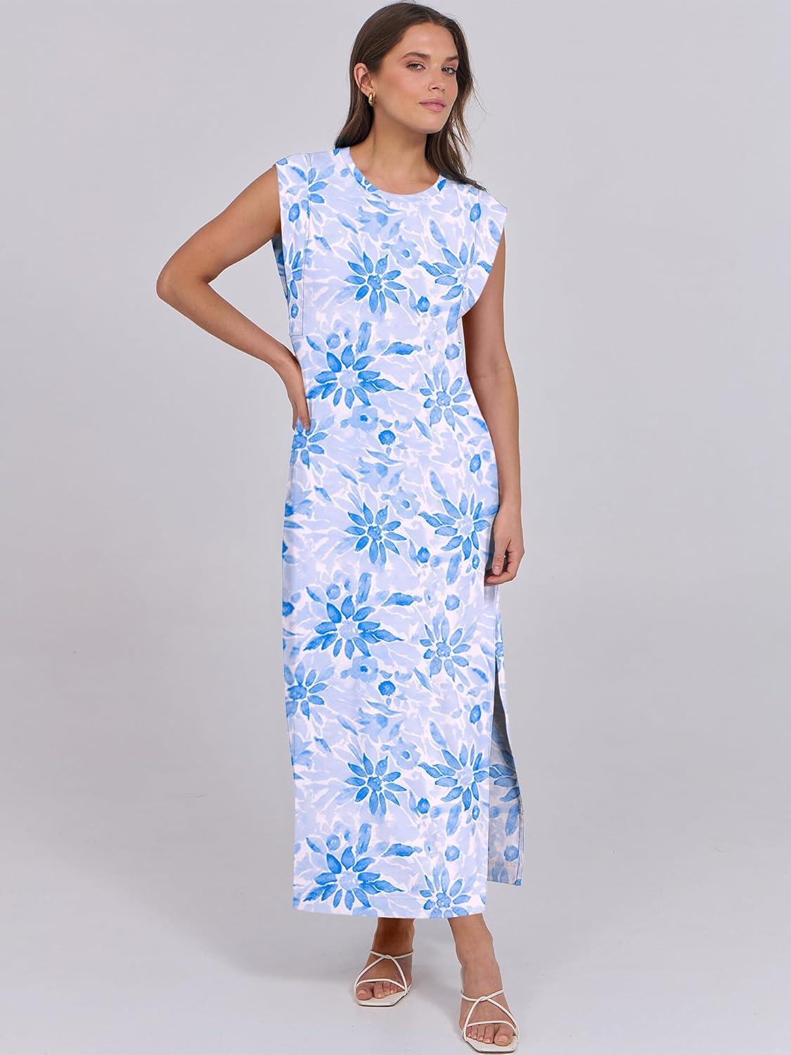 imageANRABESS Summer Dress for Women 2025 Maxi Sundresses Casual Cap Sleeve Crew Neck Loose Split Beach Travel Vacation OutfitsFloral Blue
