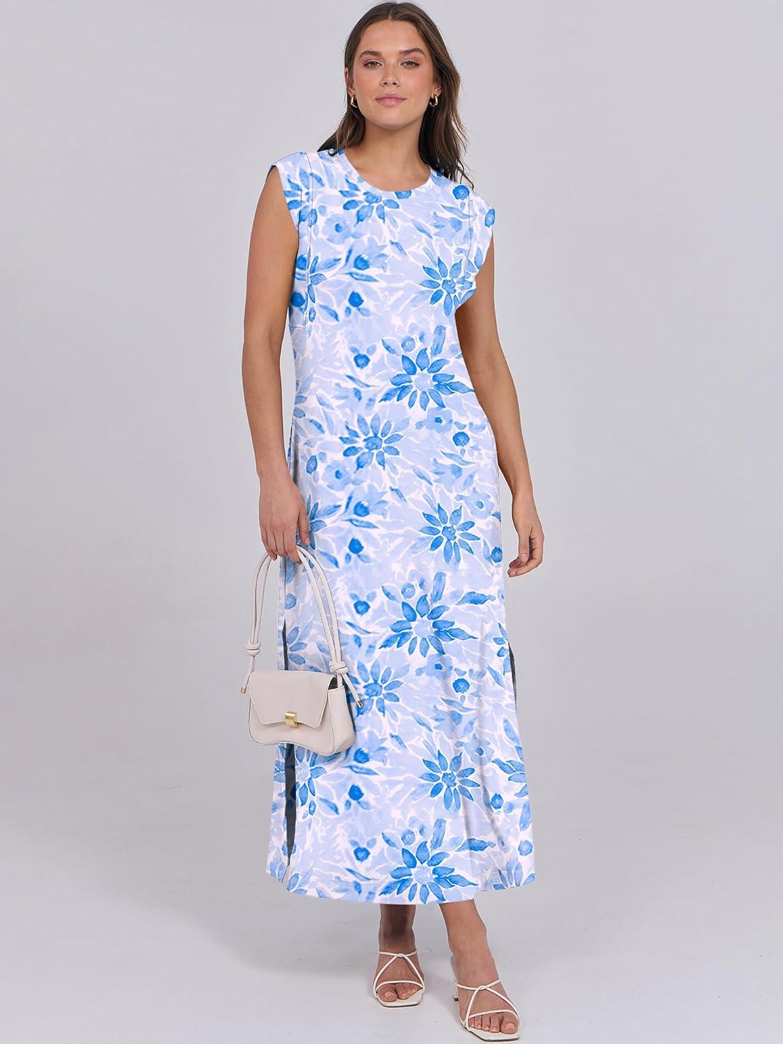 imageANRABESS Summer Dress for Women 2025 Maxi Sundresses Casual Cap Sleeve Crew Neck Loose Split Beach Travel Vacation OutfitsFloral Blue