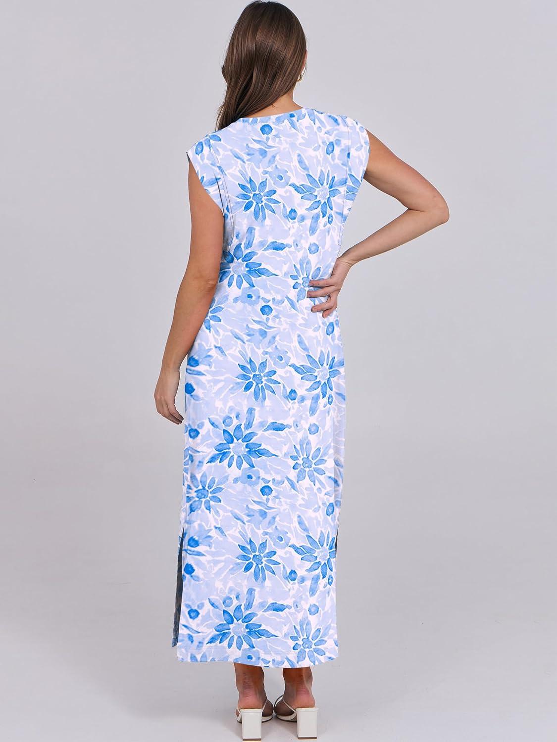 imageANRABESS Summer Dress for Women 2025 Maxi Sundresses Casual Cap Sleeve Crew Neck Loose Split Beach Travel Vacation OutfitsFloral Blue