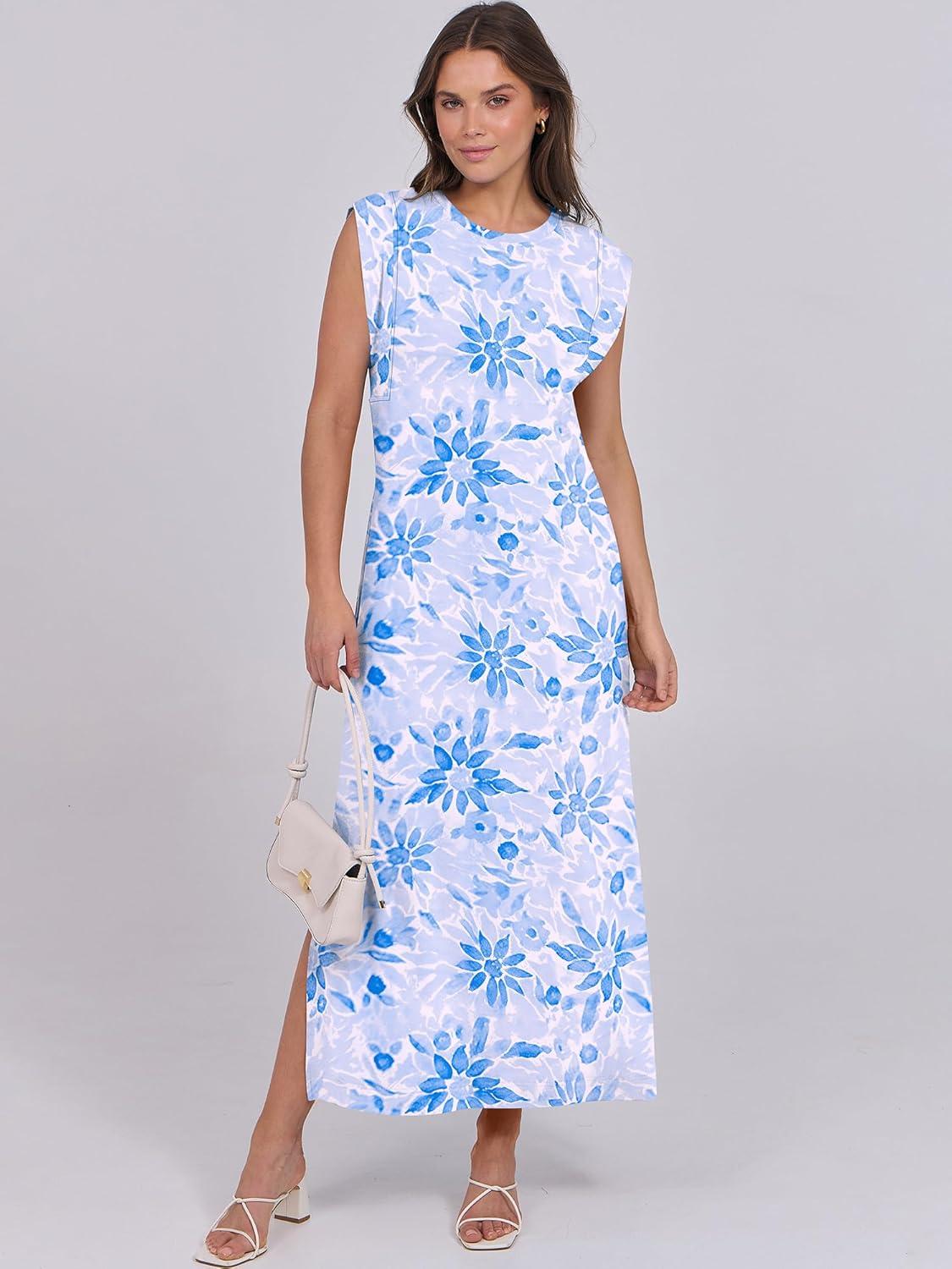 imageANRABESS Summer Dress for Women 2025 Maxi Sundresses Casual Cap Sleeve Crew Neck Loose Split Beach Travel Vacation OutfitsFloral Blue