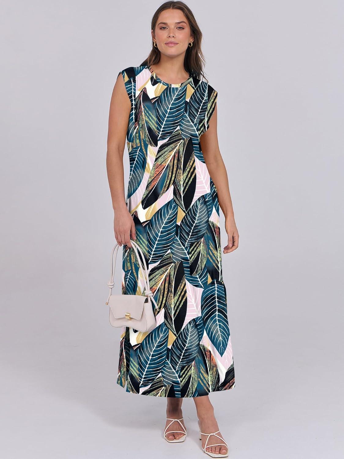imageANRABESS Summer Dress for Women 2025 Maxi Sundresses Casual Cap Sleeve Crew Neck Loose Split Beach Travel Vacation OutfitsLeaf Printed