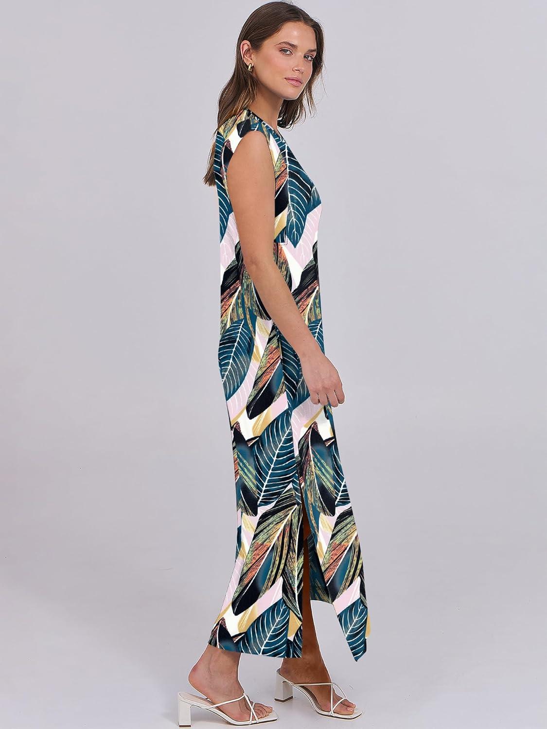 imageANRABESS Summer Dress for Women 2025 Maxi Sundresses Casual Cap Sleeve Crew Neck Loose Split Beach Travel Vacation OutfitsLeaf Printed