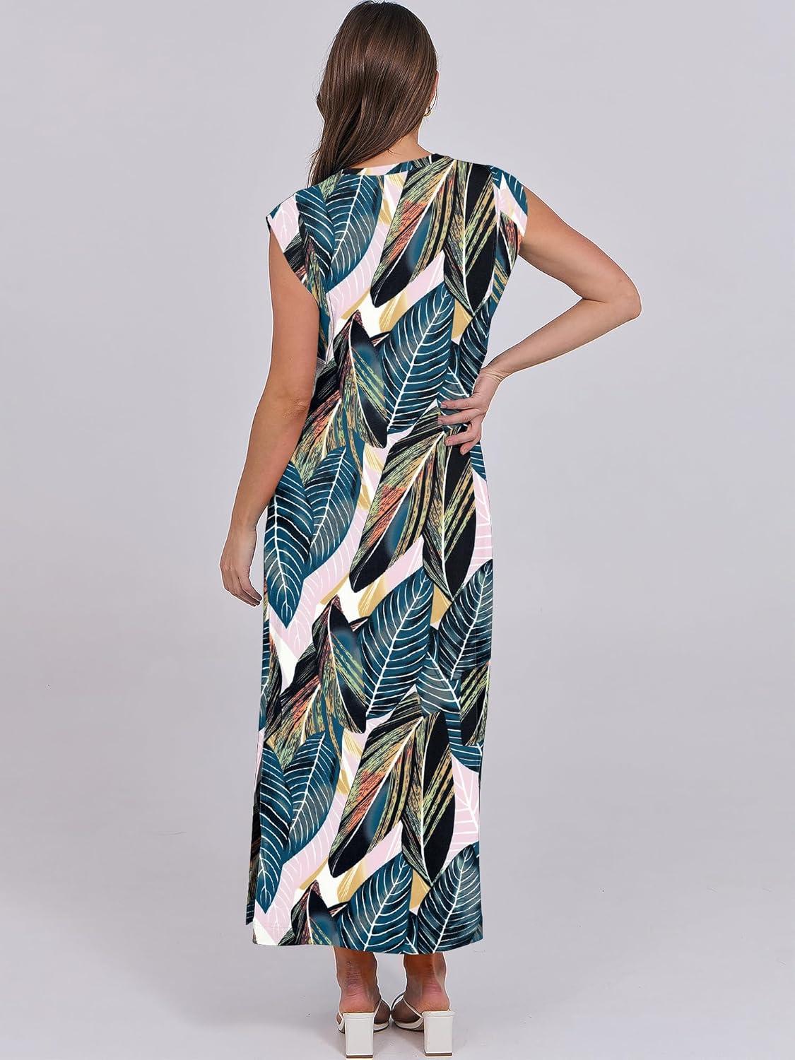 imageANRABESS Summer Dress for Women 2025 Maxi Sundresses Casual Cap Sleeve Crew Neck Loose Split Beach Travel Vacation OutfitsLeaf Printed