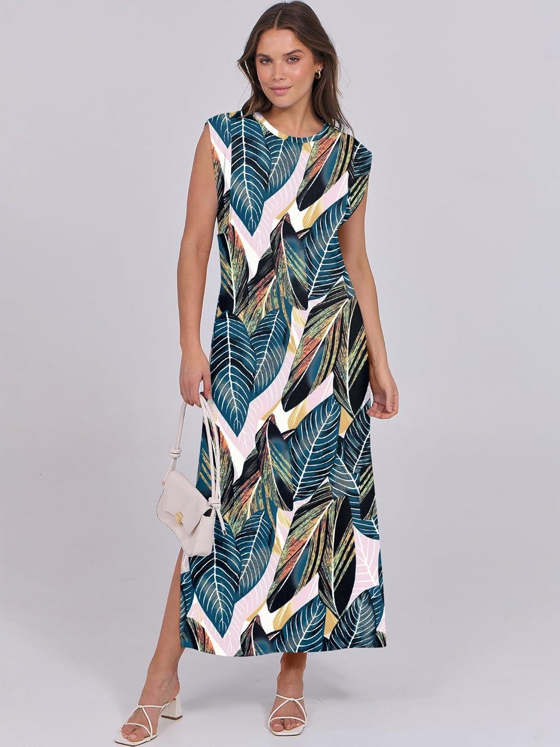 imageANRABESS Summer Dress for Women 2025 Maxi Sundresses Casual Cap Sleeve Crew Neck Loose Split Beach Travel Vacation OutfitsLeaf Printed