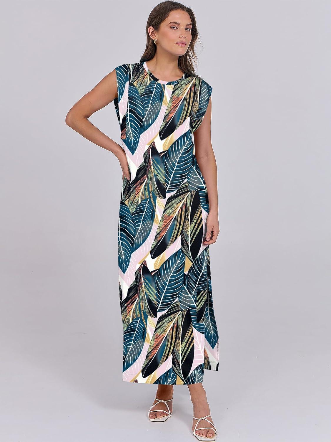 imageANRABESS Summer Dress for Women 2025 Maxi Sundresses Casual Cap Sleeve Crew Neck Loose Split Beach Travel Vacation OutfitsLeaf Printed