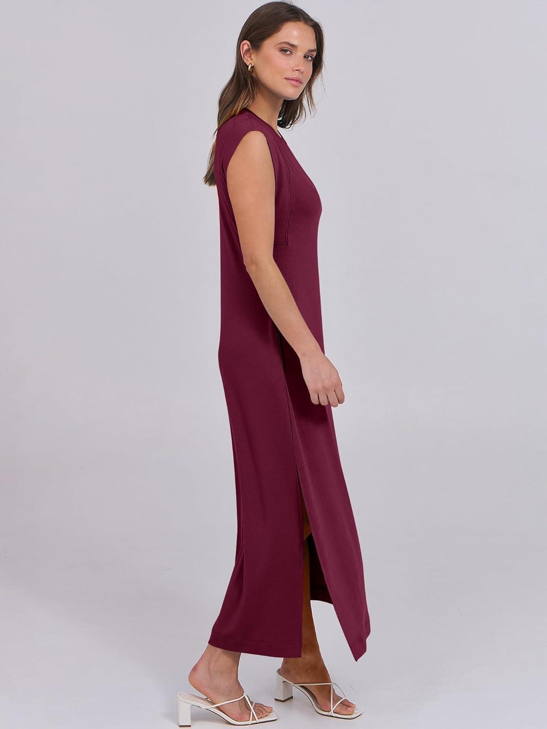 imageANRABESS Summer Dress for Women 2025 Maxi Sundresses Casual Cap Sleeve Crew Neck Loose Split Beach Travel Vacation OutfitsWine Red