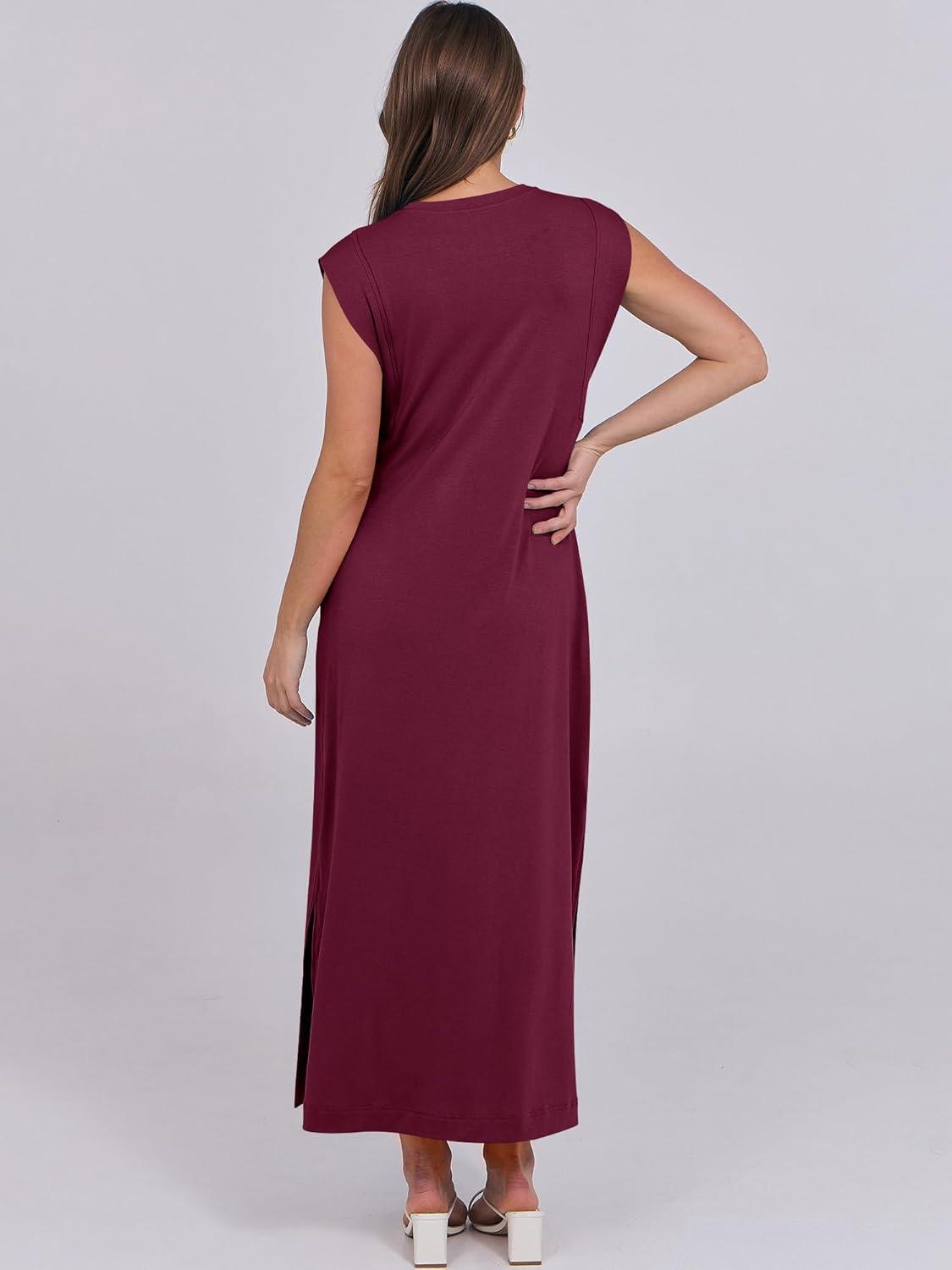 imageANRABESS Summer Dress for Women 2025 Maxi Sundresses Casual Cap Sleeve Crew Neck Loose Split Beach Travel Vacation OutfitsWine Red