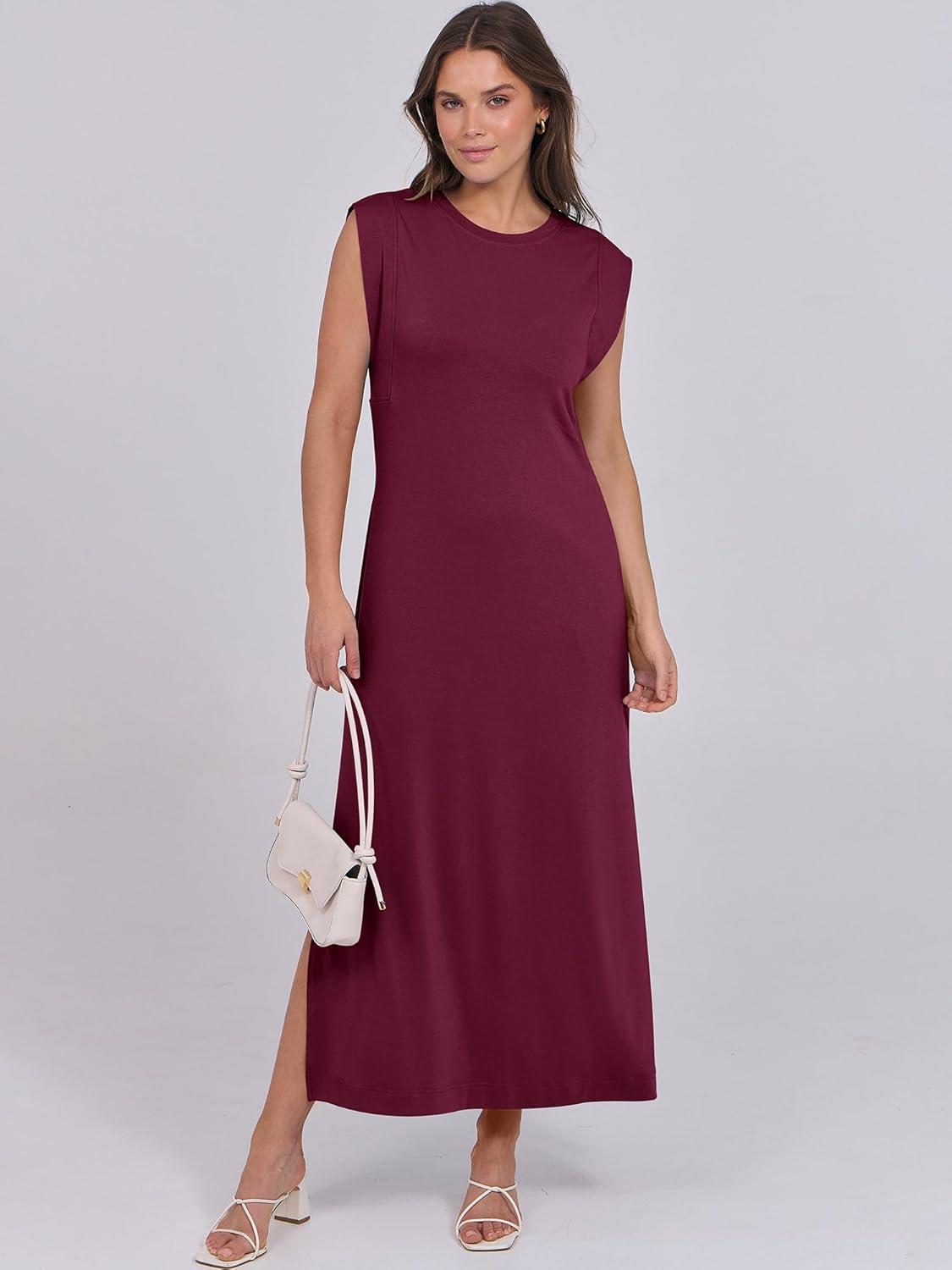 imageANRABESS Summer Dress for Women 2025 Maxi Sundresses Casual Cap Sleeve Crew Neck Loose Split Beach Travel Vacation OutfitsWine Red