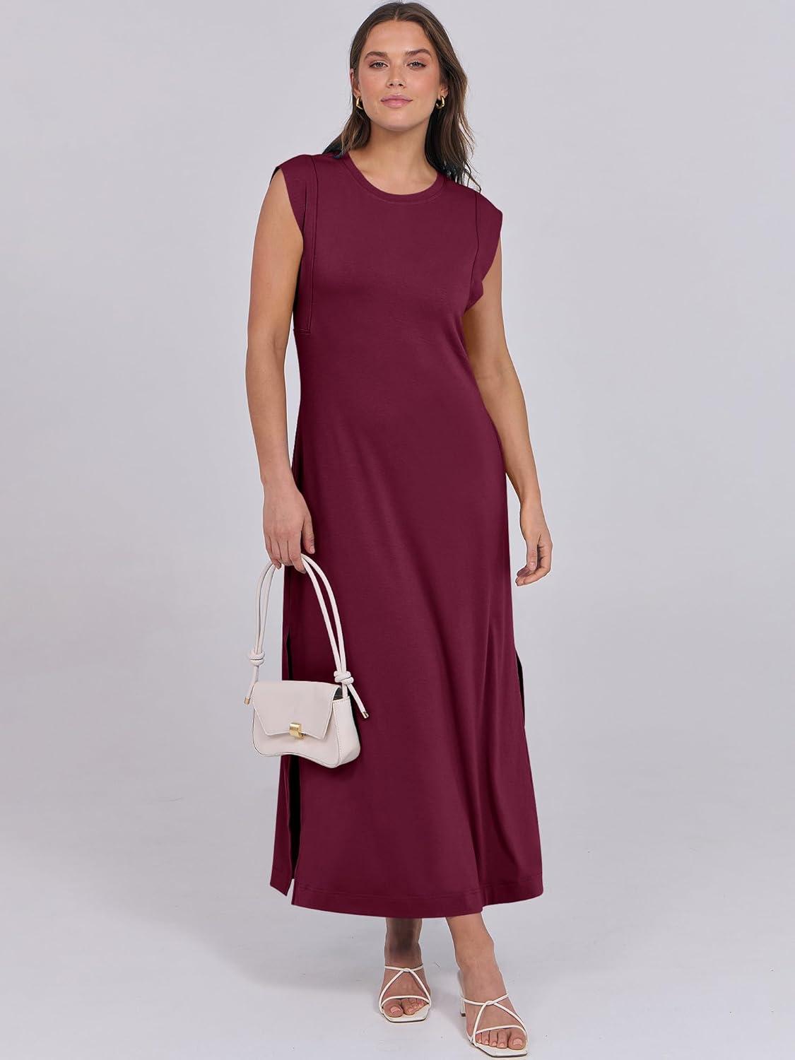 imageANRABESS Summer Dress for Women 2025 Maxi Sundresses Casual Cap Sleeve Crew Neck Loose Split Beach Travel Vacation OutfitsWine Red