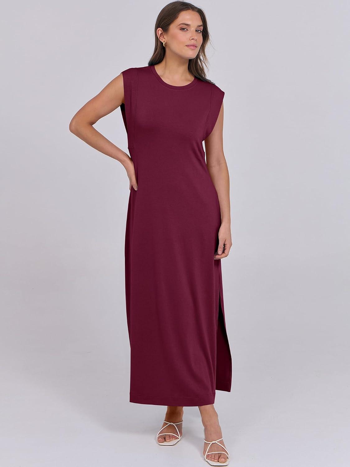 imageANRABESS Summer Dress for Women 2025 Maxi Sundresses Casual Cap Sleeve Crew Neck Loose Split Beach Travel Vacation OutfitsWine Red