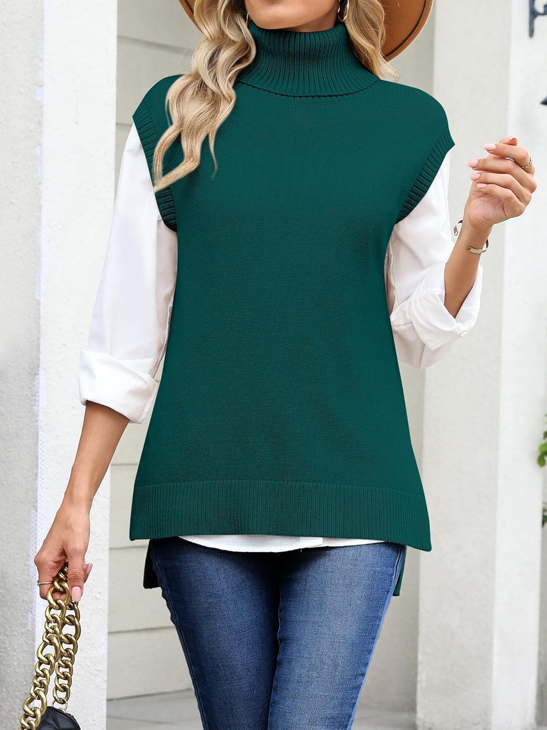 imageANRABESS Sweater Vest Women Turtleneck Sleeveless Loose Fit Pullover Knit Spilt Tank Tops 2025 Casual Trendy Fall OutfitsDark Green