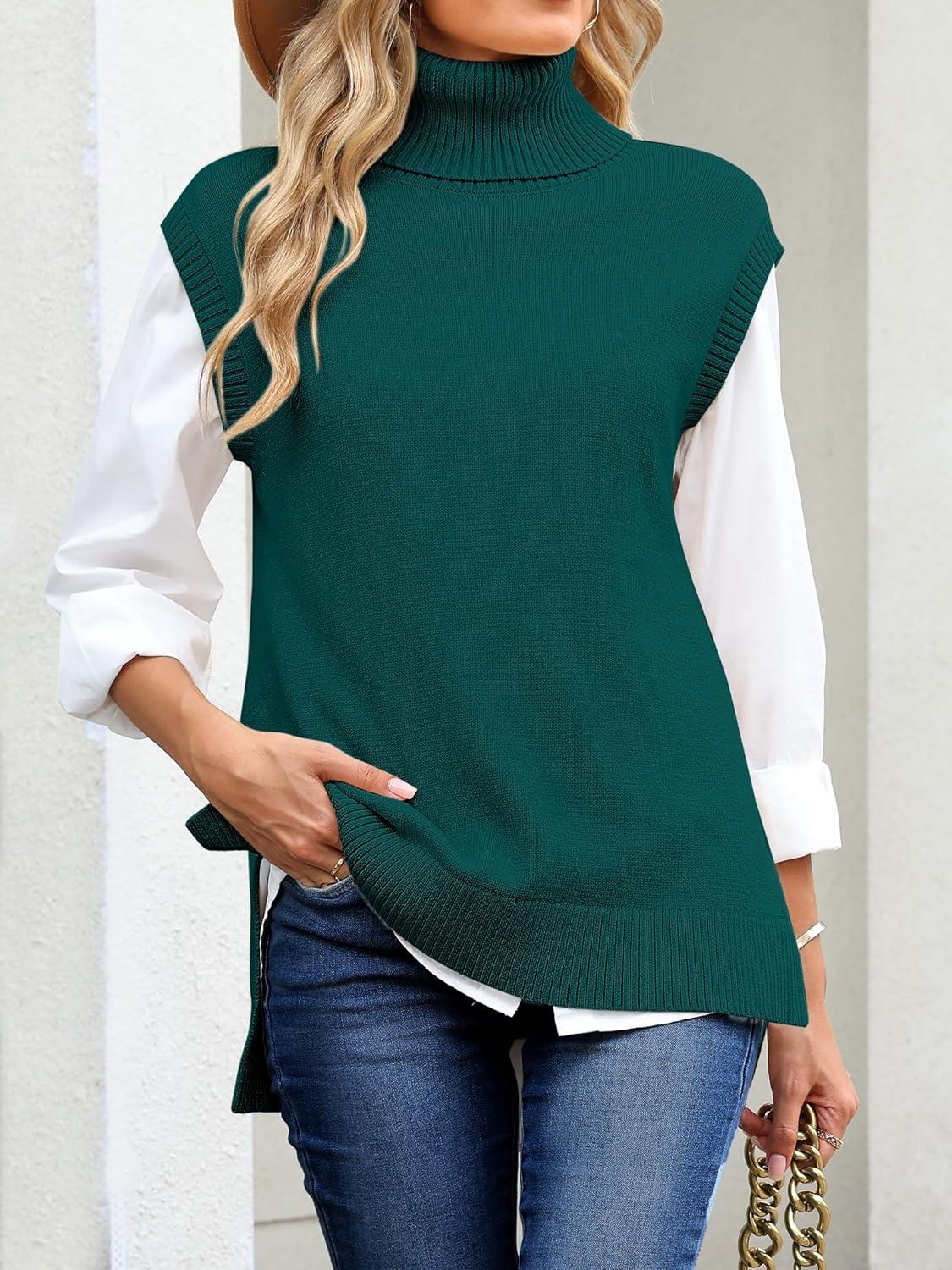 imageANRABESS Sweater Vest Women Turtleneck Sleeveless Loose Fit Pullover Knit Spilt Tank Tops 2025 Casual Trendy Fall OutfitsDark Green